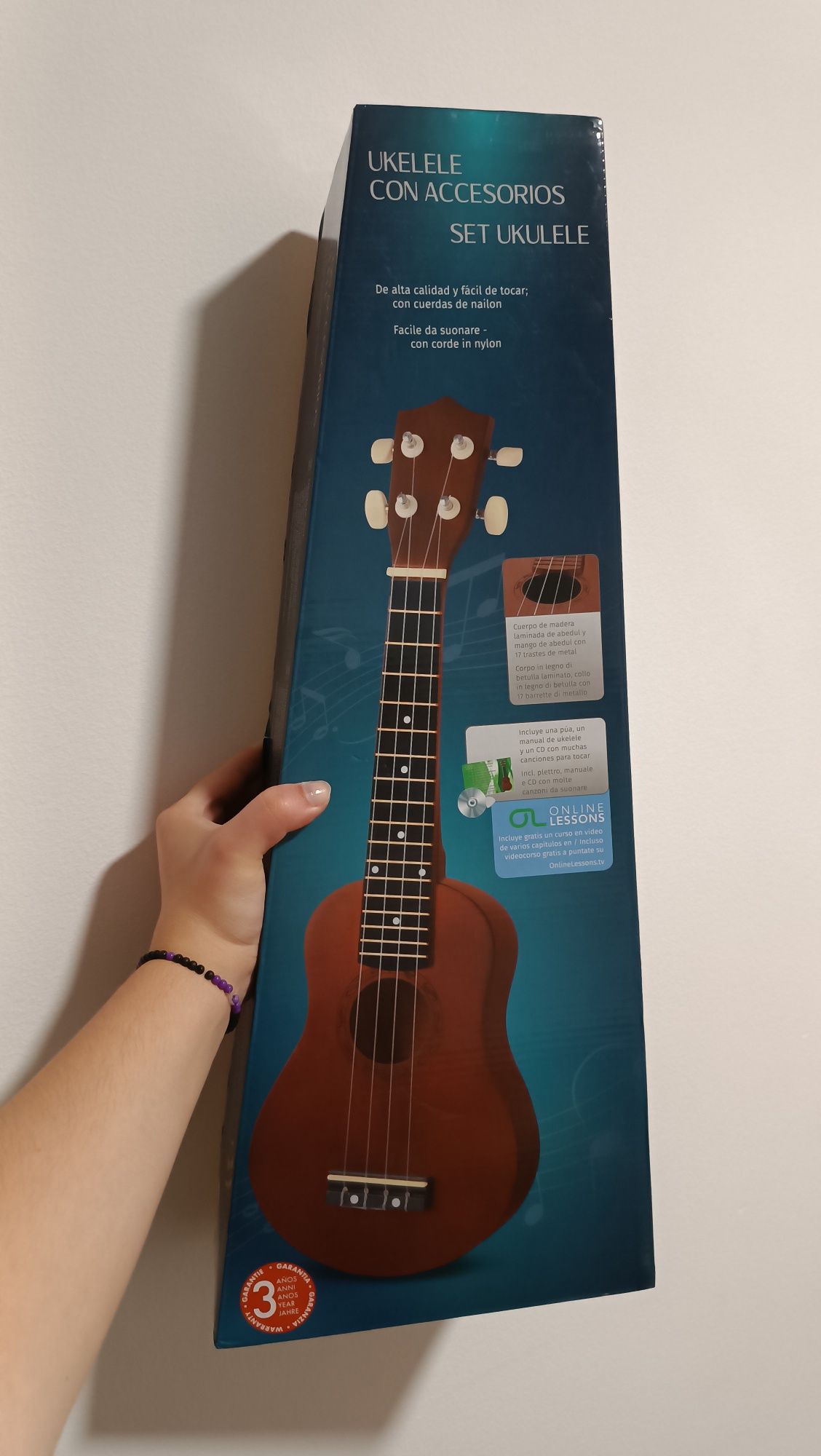 Ukulele castanho-escuro + CD guia + Manual + Caixa original