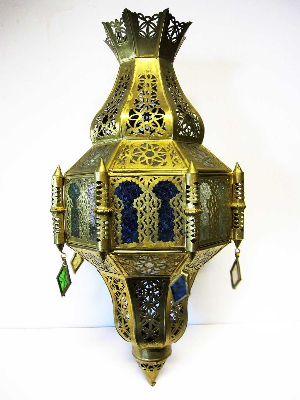 fantástica grande lanterna oriental vintage-artesanal em latão e vidro