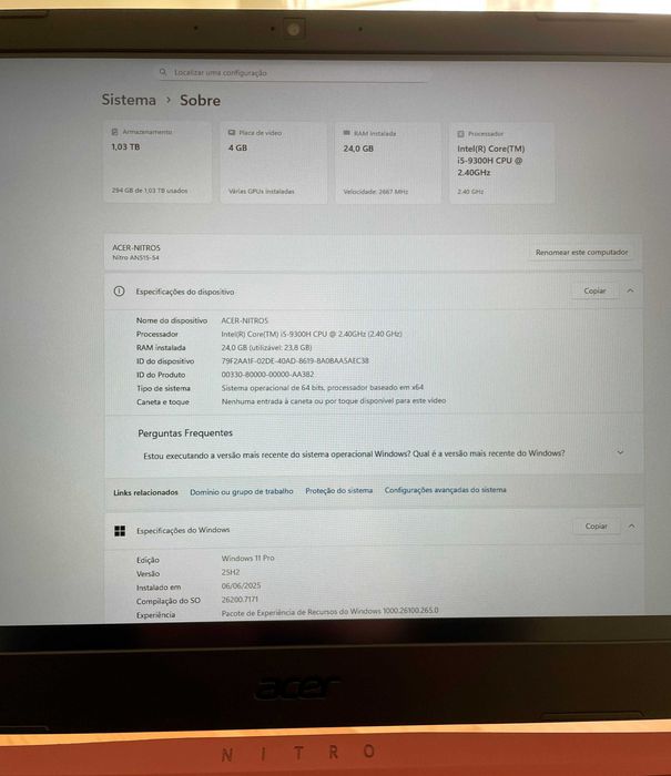 Portátil Gamer Acer Nitro 5 i5 9300H GTX 1650 24GB RAM