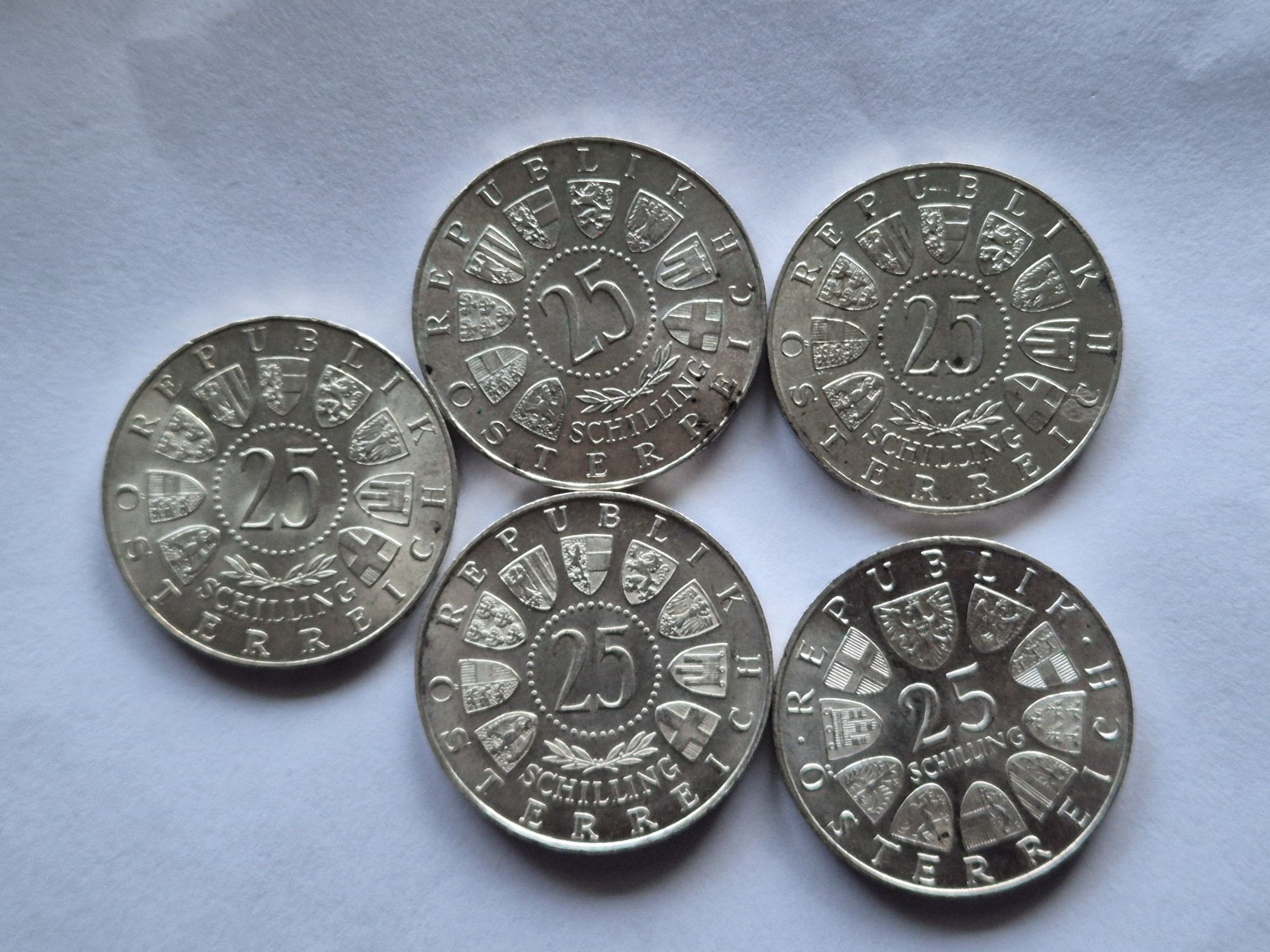 5x 25 szylingów moneta Austria kolekcja monet srebro kazda inna