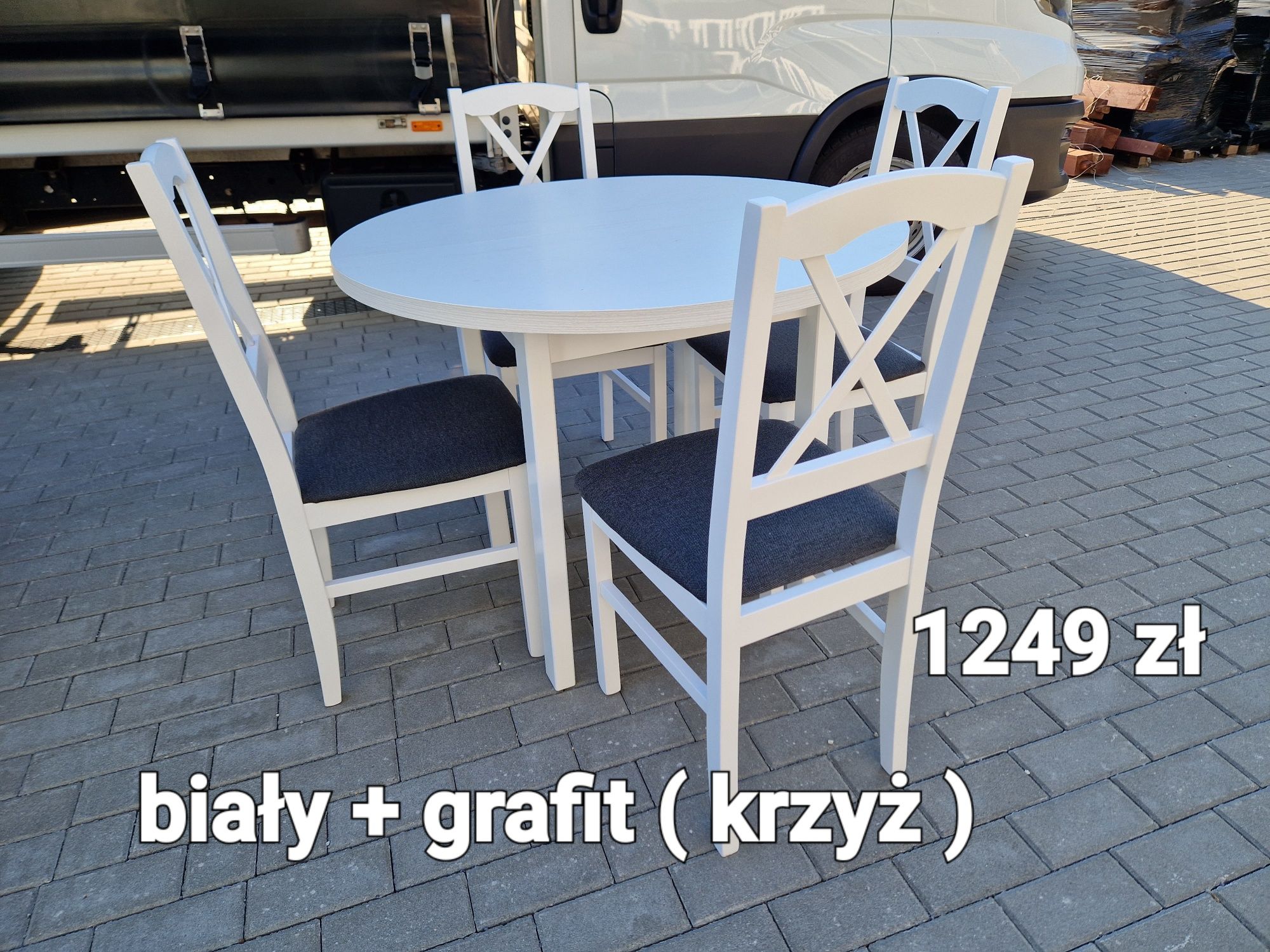 Nowe: Stół okrągły + 4 krzesła , biały + grafit ( krzyż )