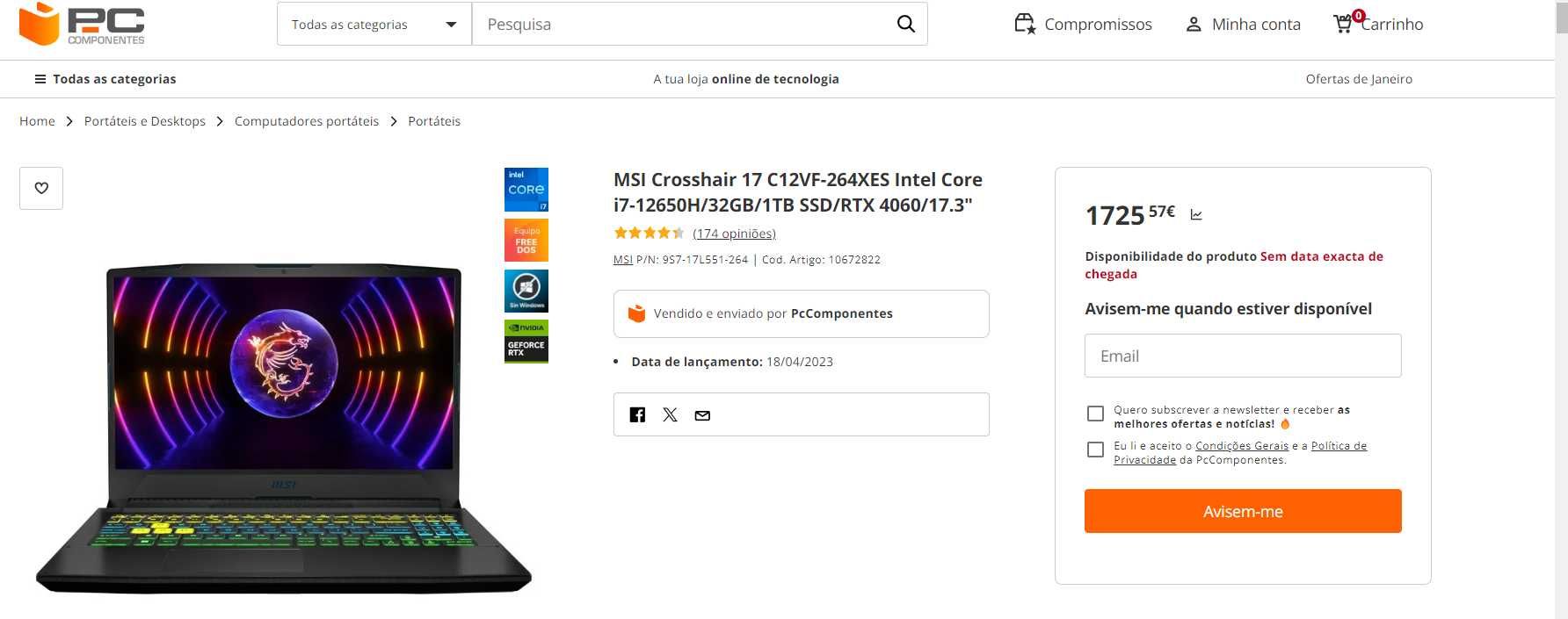 MSI Crosshair C12VF i7-12650H/32GB/1TB SSD/RTX 4060/17.3" 300Hz