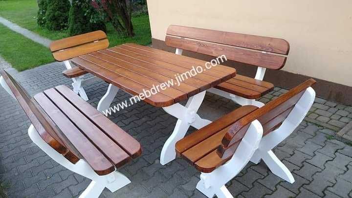 Meble ogrodowe drewniane stół 2 ławki 2 fotele antracyt + biały