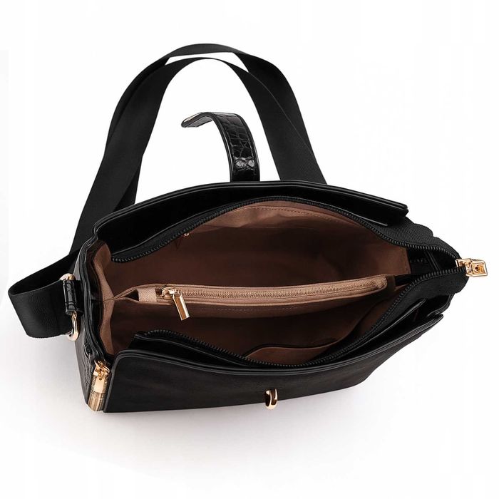 Listonoszka Damska Czarna Elegancka Torebka na Ramię Skóra Eko Zamsz