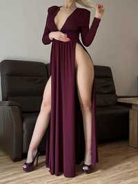 Długa suknia sukienka fioletowa 2 rozporkami nogi sexy rozmiar S