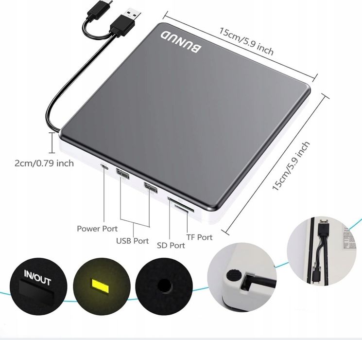 Napęd Zewnętrzny CD DVD BUNUD USB 3.0 i Napęd DVD Typ C SD/TF CD Windo