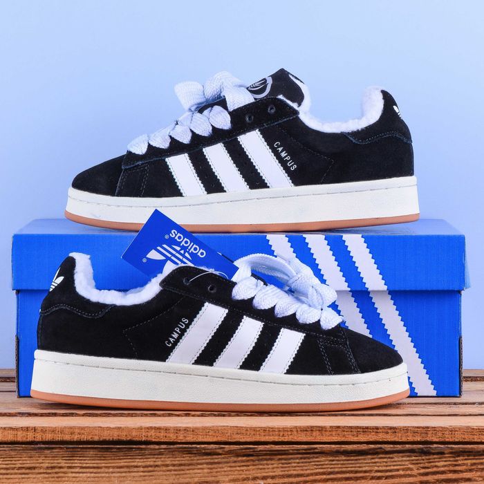 (2130) Зимові з хутром Adidas Campus Кросівки чорні (37-41)