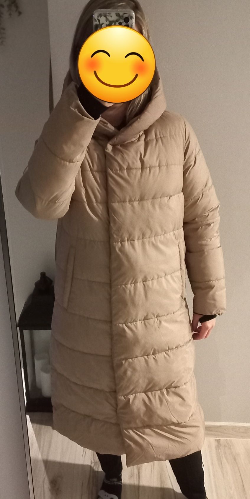 Beżowy płaszcz zimowy puchowy długi maxi damski 4f m 38