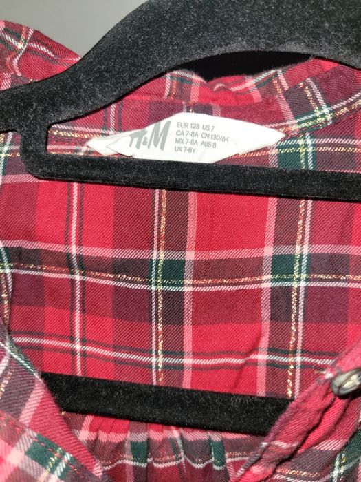 2 sukienki tuniki koszule w kratę bordowe czerwone 128 H&M bliźniaczek
