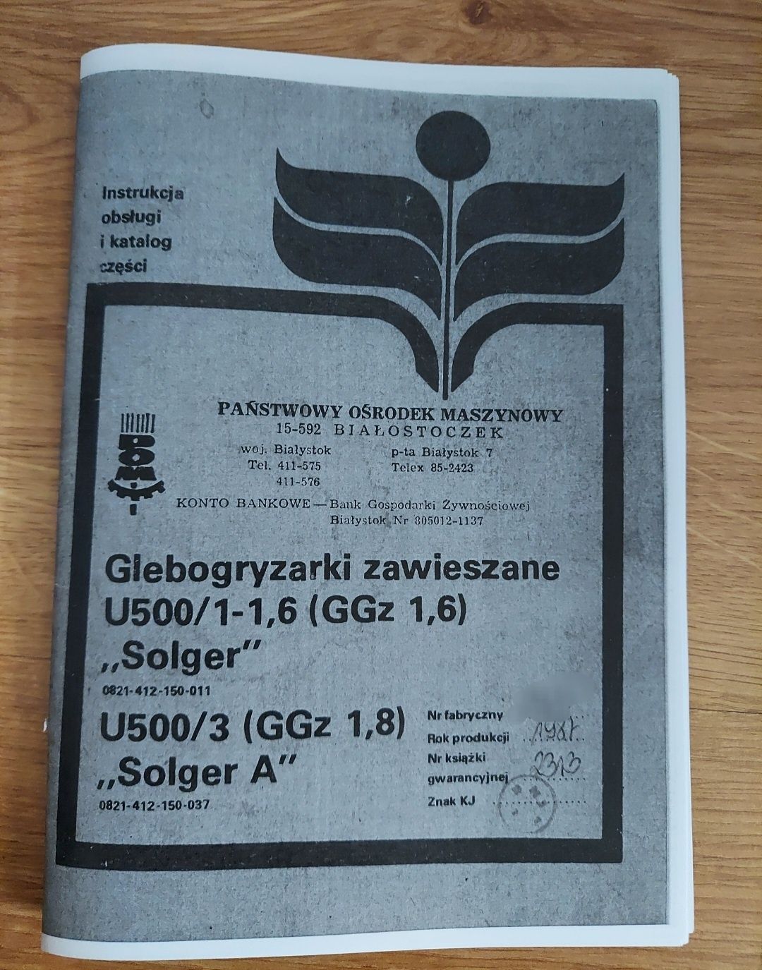 Instrukcja obsługi, katalog części glebogryzarki Unia Grudziądz Solger