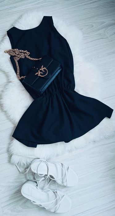 Piękny 100%len dobra metka  czarny zwiewny kombinezon sukienka spódnic