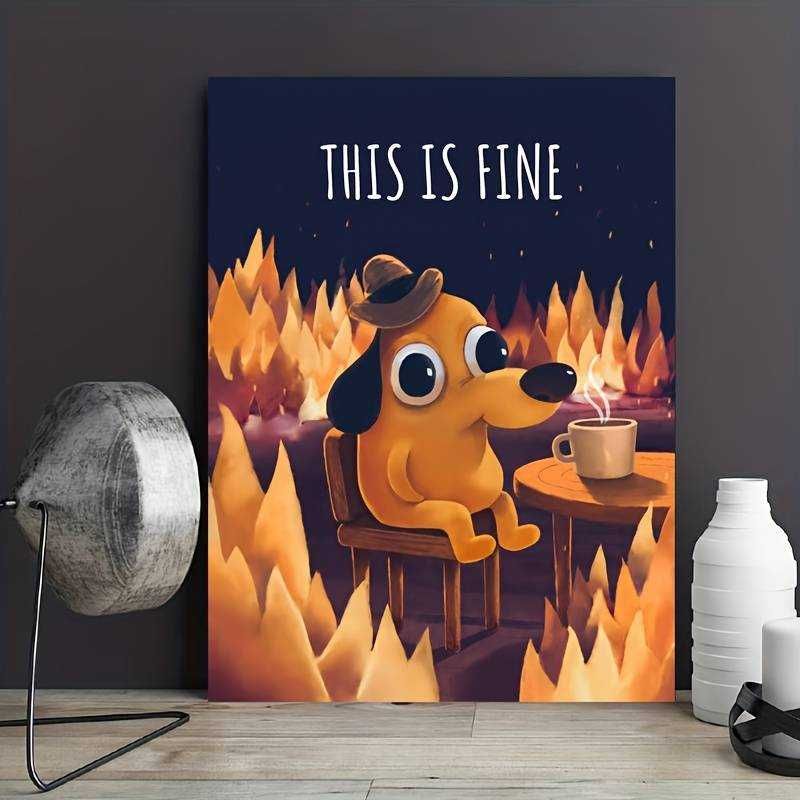 Obraz na Płótnie Pies w płomieniach "This is Fine" 42x30