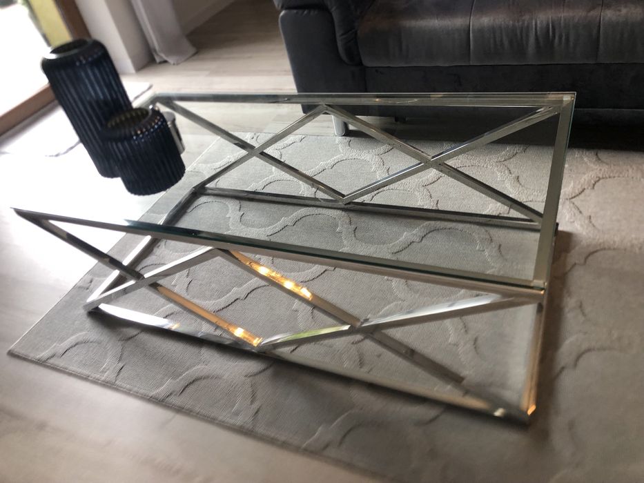 Stół ława stolik kawowy glamour stal srebny 120 cm x 60 cm szkło