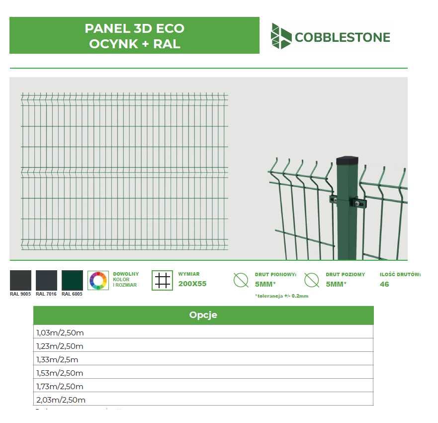 Ogrodzenie panelowe3Dkomplet 1,03/2,5m fi5 słupek panel podmurówka HIT