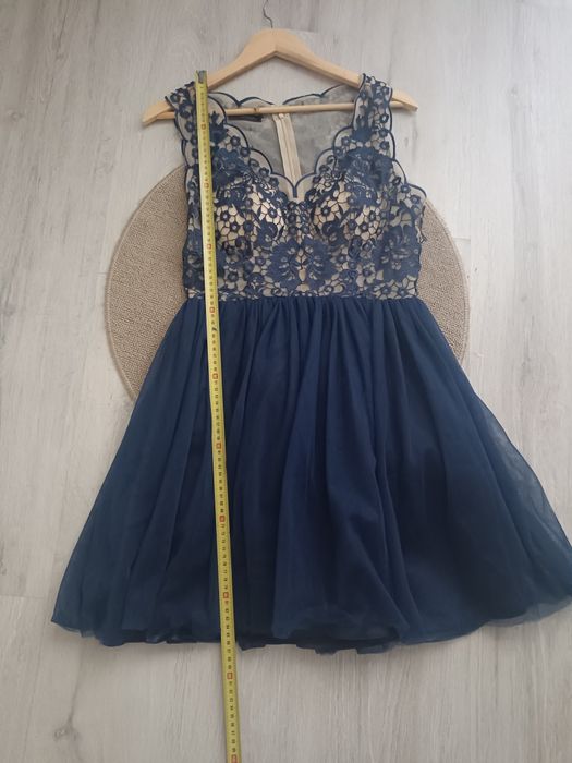 Elegancka sukienka tiulowa z koronką, granatowa, rozmiar uniwersalny