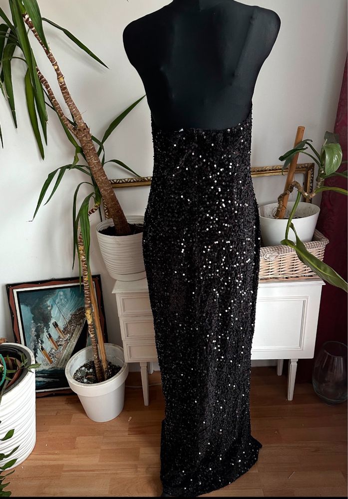 Czarna cekinowa sukienka maxi L 40 xl 42 welurowa Boohoo