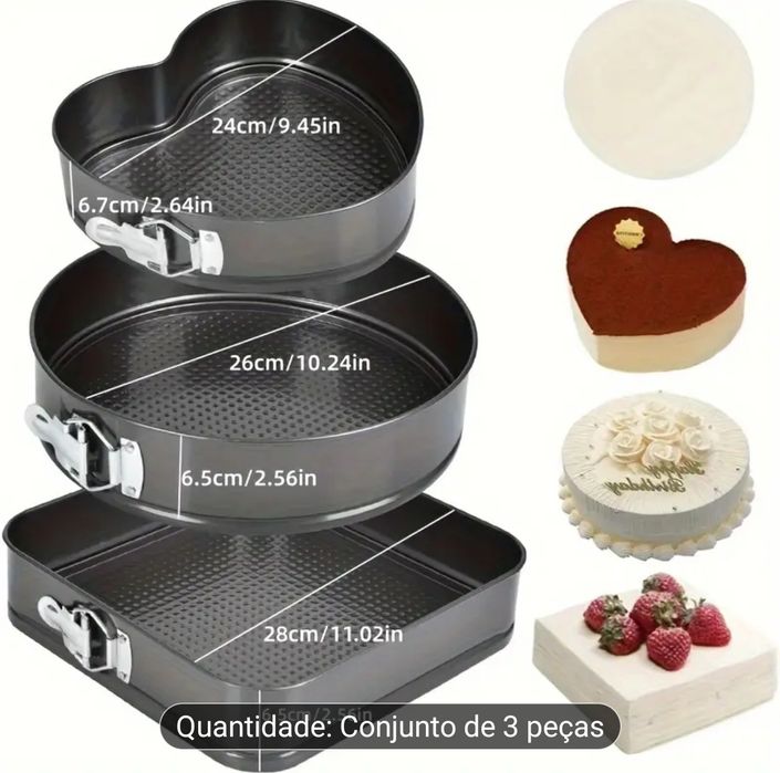 Conjunto 3 formas Fundo removivel- Anti aderente Aço carbono