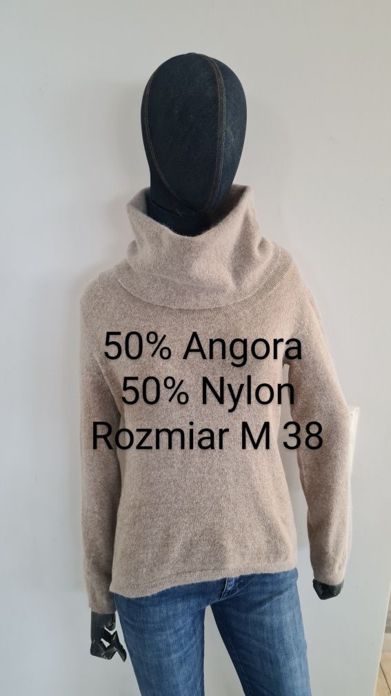 Golf 50% Angora i 50% Nylon. Beżowy Kremowy. Rozmiar 38 M. Duży golf