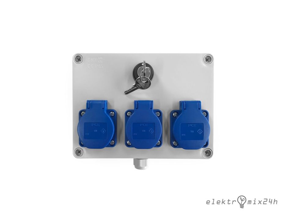 Rozdzielnica elektryczna z wyłącznikiem na klucz, gniazda 3x16A 230V