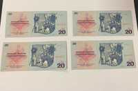 cztery Banknoty 20 Koron Czechosłowackich