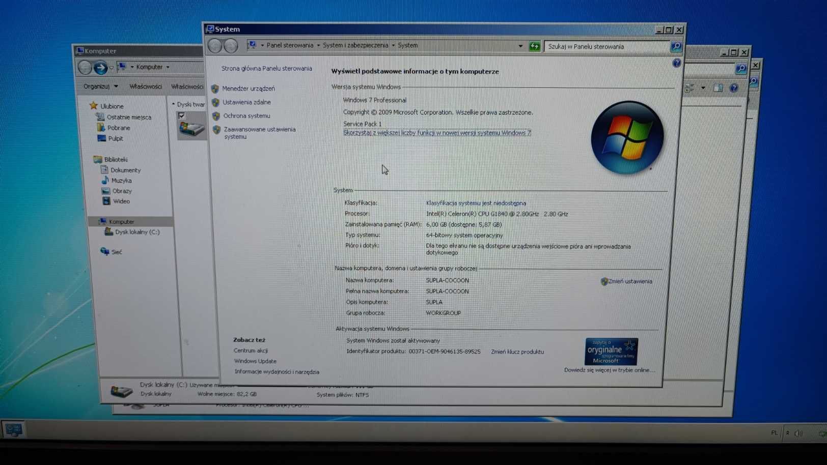 Komputer 6GB RAM, Celeron G1840, SSD 128GB, Windows 7 Pro, Smart Home