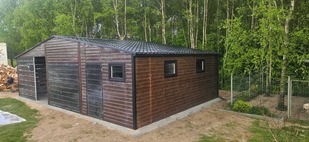 Garaż blaszany 6x5 drewnopodobny dwuspadowy brama uchylna + wiata 3x5