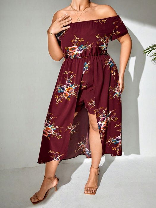 Kombinezon Letni Boho Hiszpanka W Kwiaty Burgundowy Casual Shein Xxl