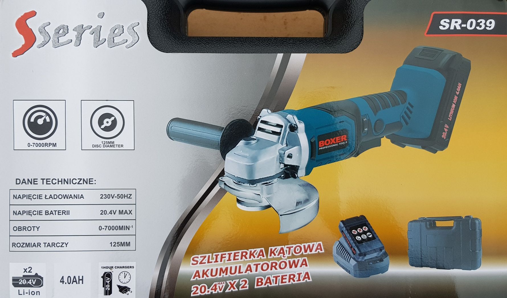 Szlifierka Boxer Kątowa na Akumulator 20,4V 2 x AKU 4.0AH Regulacja