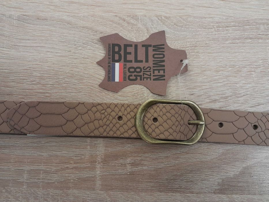 Nowy skórzany pasek z Holandii, Fancy Style beżowy_wzór/ 85_kl mosiądz