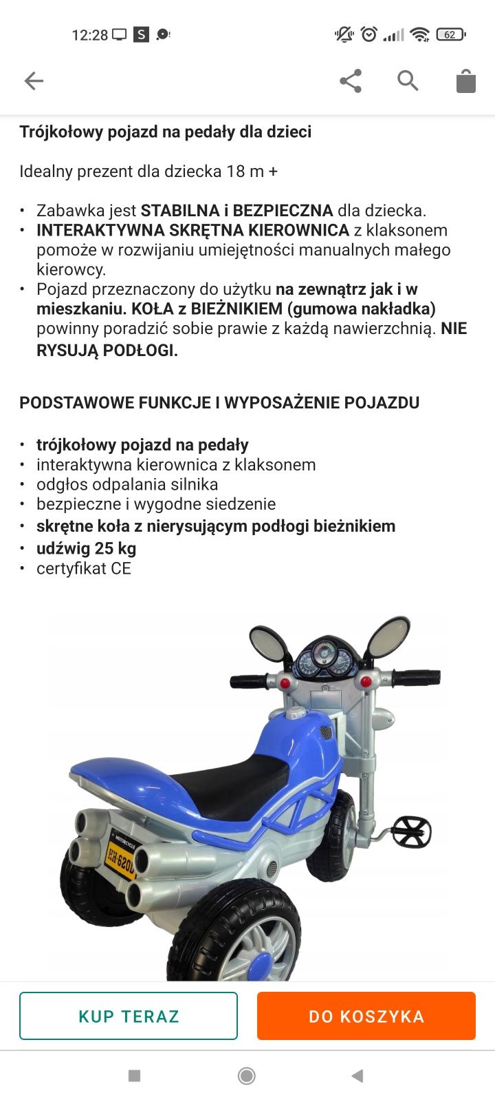 Rowerek rower jeździk trójkołowy z pedałami motorek dziecięcy motocykl