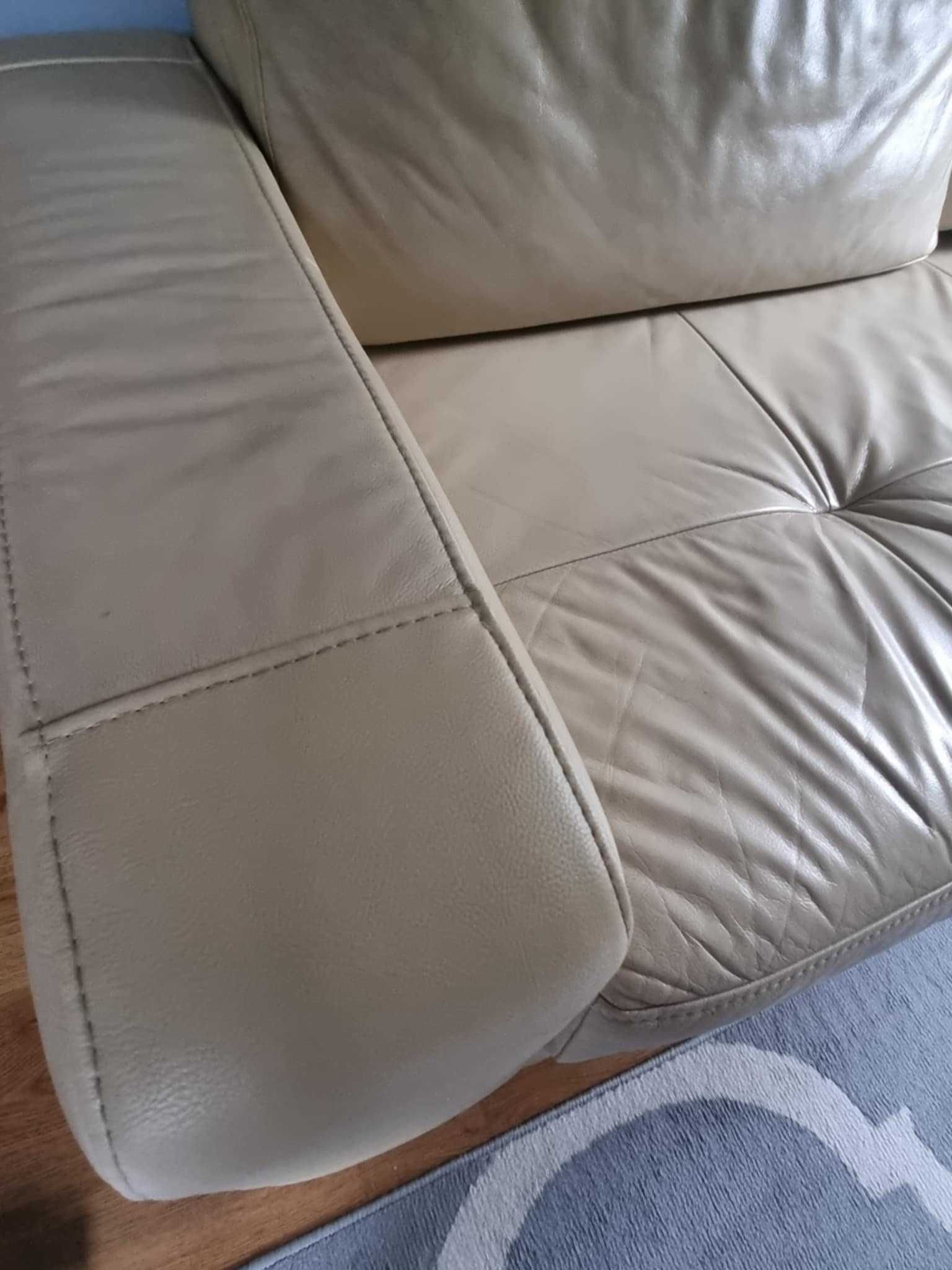 Sprzedam używaną kanapę narożną, ze skóry, kolor ecru