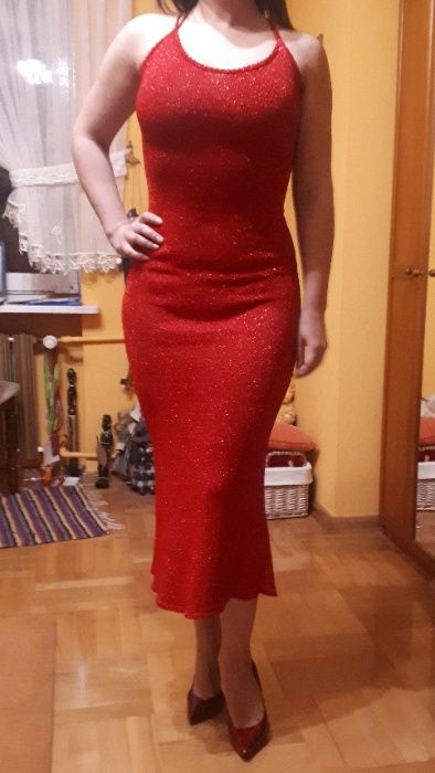 Czerwona maxi długa robiona sukienka rozm. S