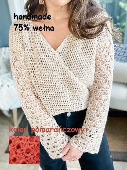 Nowy sweter szydełkowy kardigan wełniany handmade kopertowy wełna 38 M