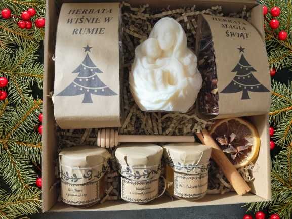 Box prezent,herbaty,miód,czerpak,świeczka Maryja z dzieciątkiem