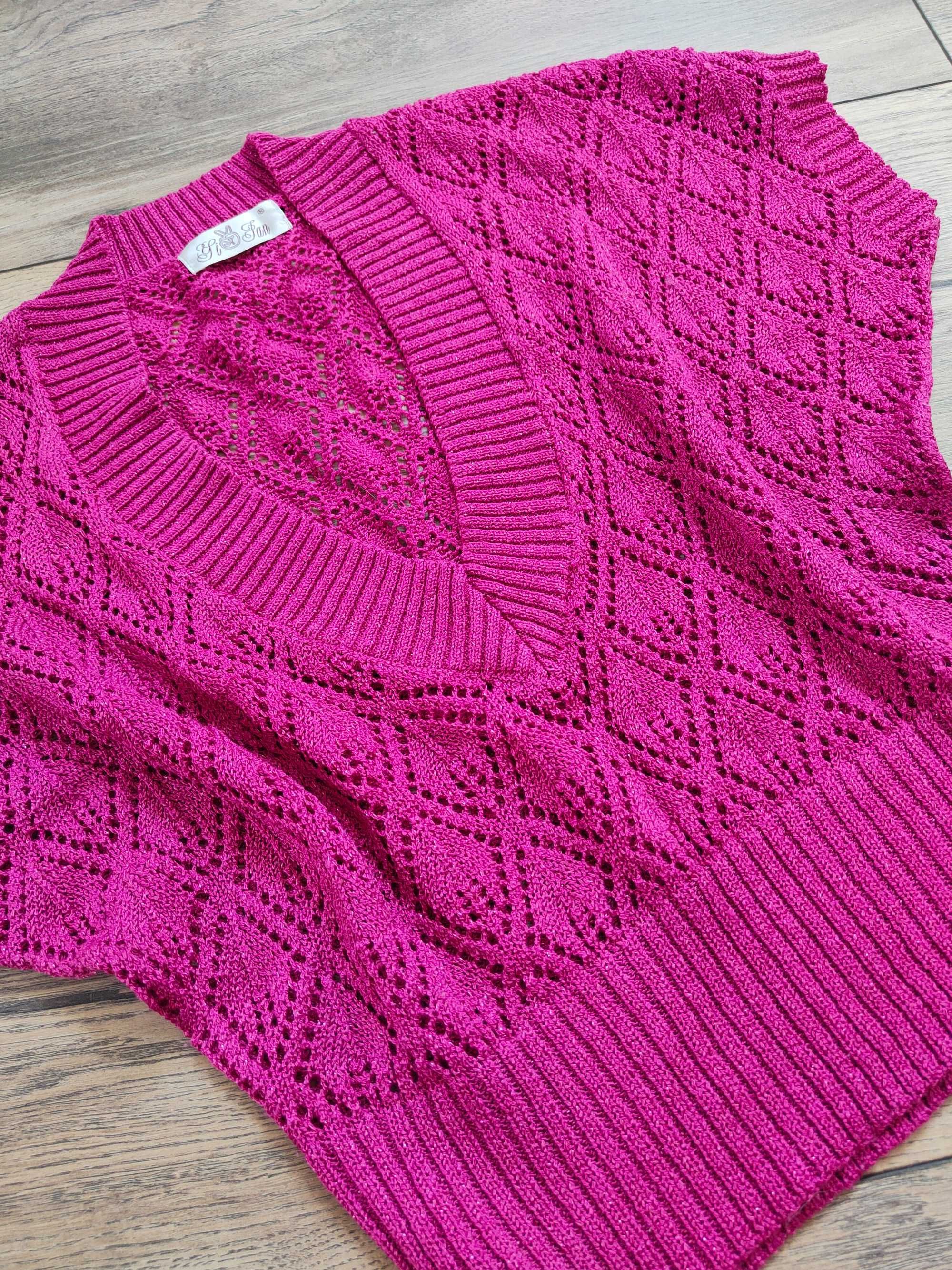 Ażurkowy różowy sweter nietoperz motyl Kimono