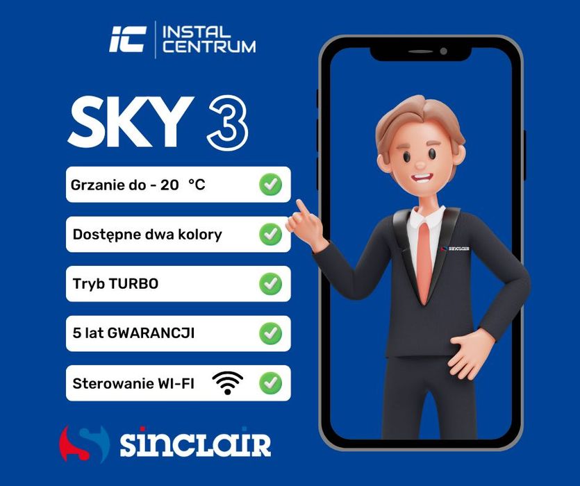 klimatyzacja SINCLAIR SKY 3,2 KW, z montażem do 45 m2