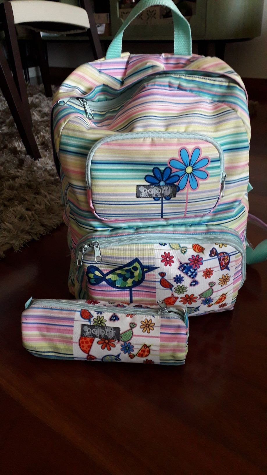 Mochila 3 fechos + Estojo Passarinho Multicolor Criança (Ótimo estado)