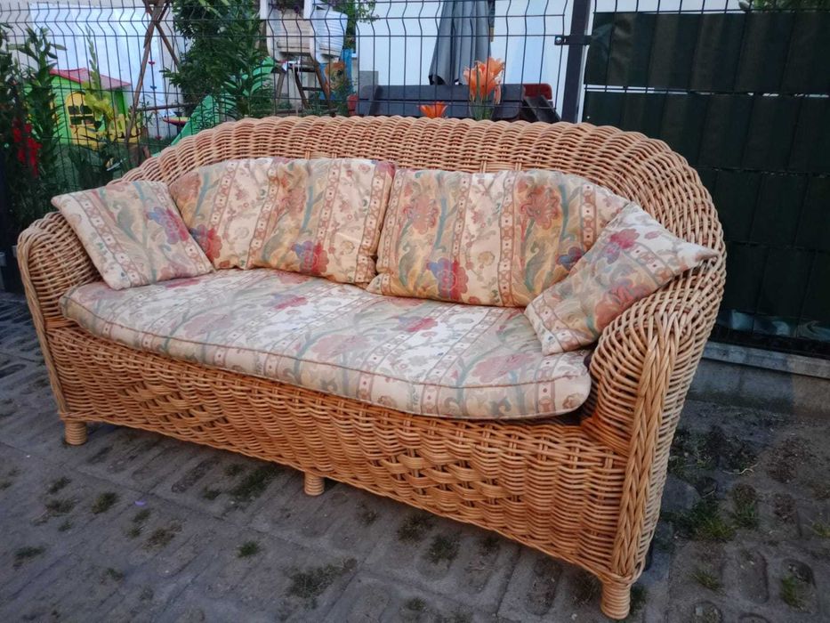 Kanapa Sofa rattanowa naturalny oplot GRUBY poduszki dwuosobowa rattan