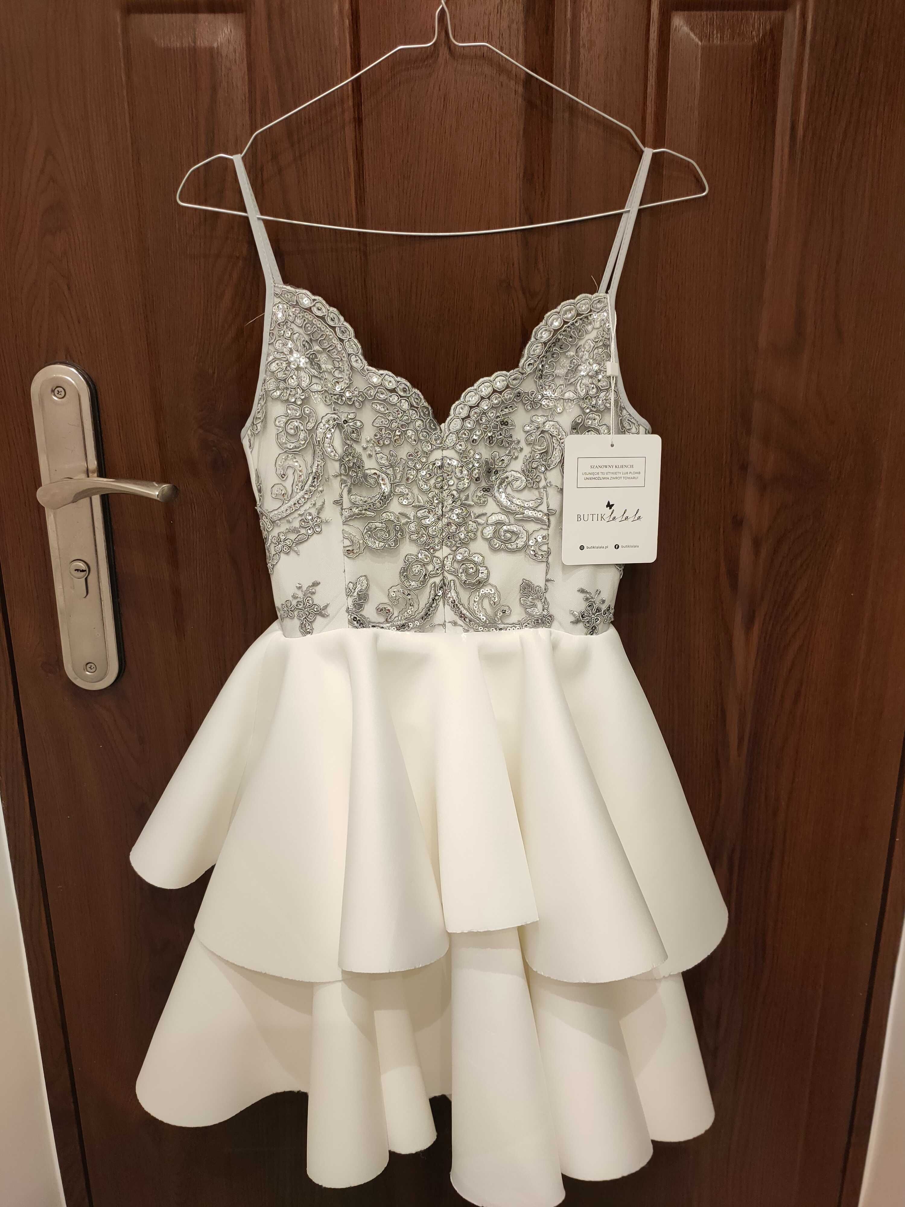 Sukienka kremowo-szara z koronką białą Emossi XS 34