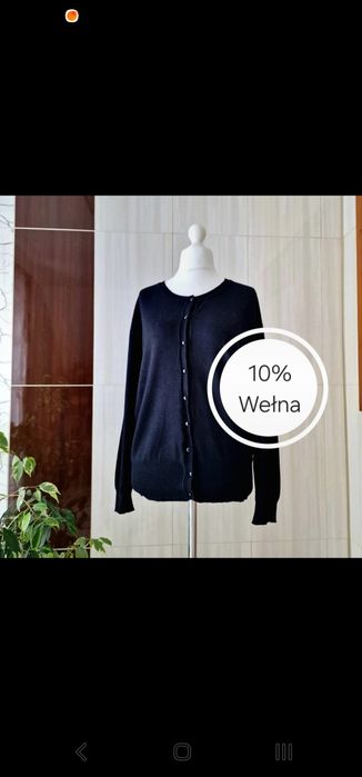 Elegancki czarny sweter kardigan 10% wełna ciepła czarne guziki