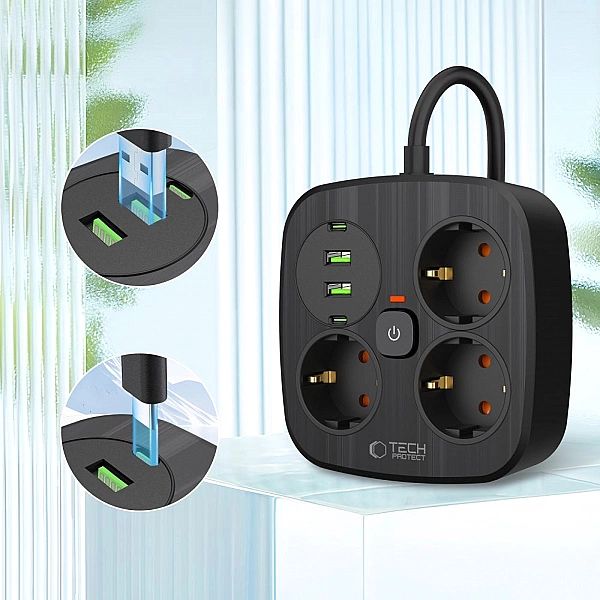 Tech-Protect Pcs3X4 Power Strip 2 Usb & 2 Type-C & 3 Socket 200Cm Blac