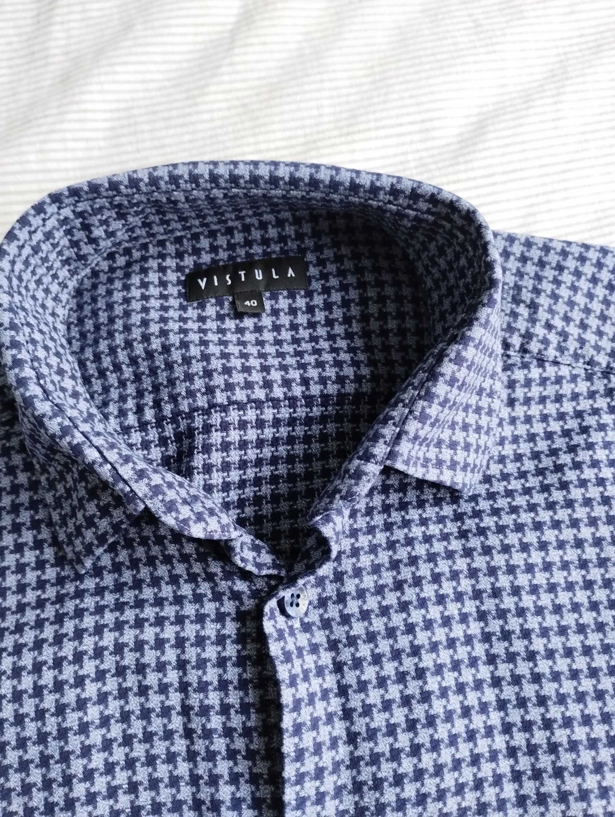 Koszula Vistula w kratę z kołnierzem kryte button-down szaro-granatowa