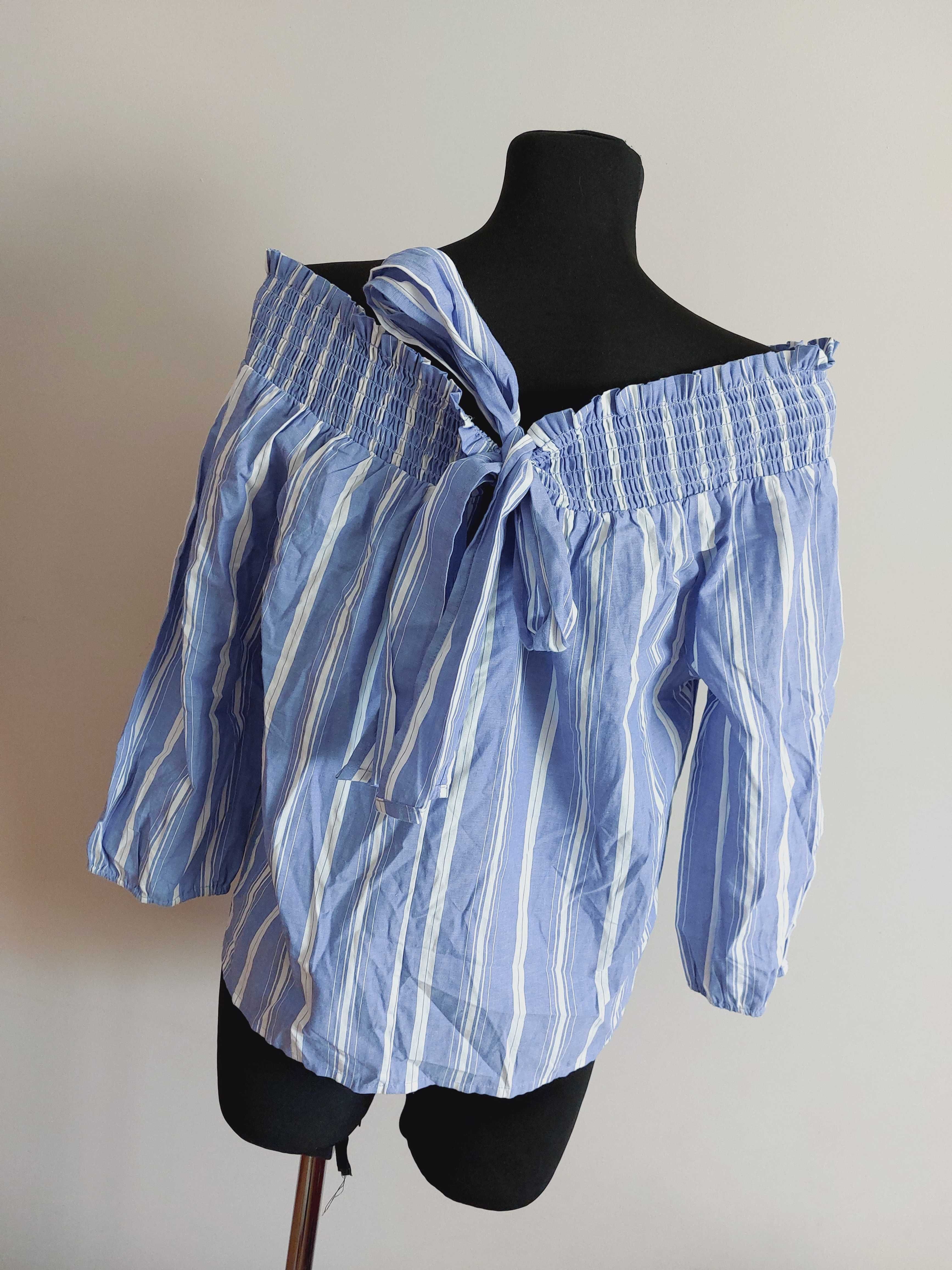 Primark bluzka koszula hiszpanka w pasy niebieskie biale bawelna l xl