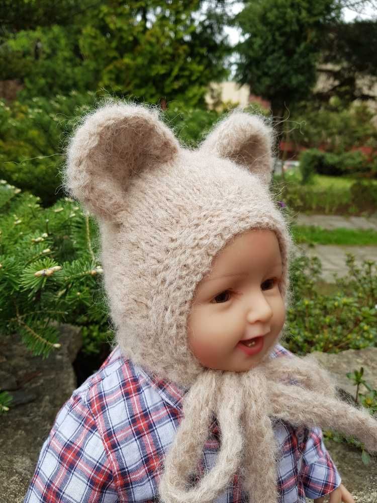 Czapka Beżowa Myszka 36/38 niemowlak, chrzest,