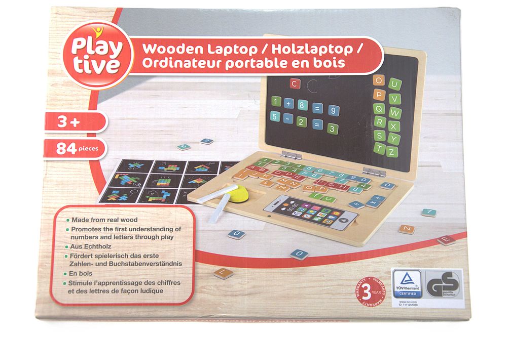 Drewniany laptop edukacyjny dla dzieci, tablica magnetyczna, Playtive.