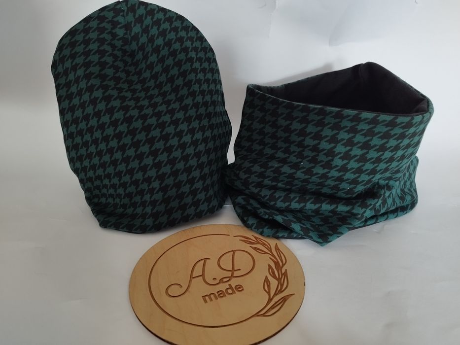 Komplet zestaw czapka komin bawełniany Pepitka butelkowa zieleń damski