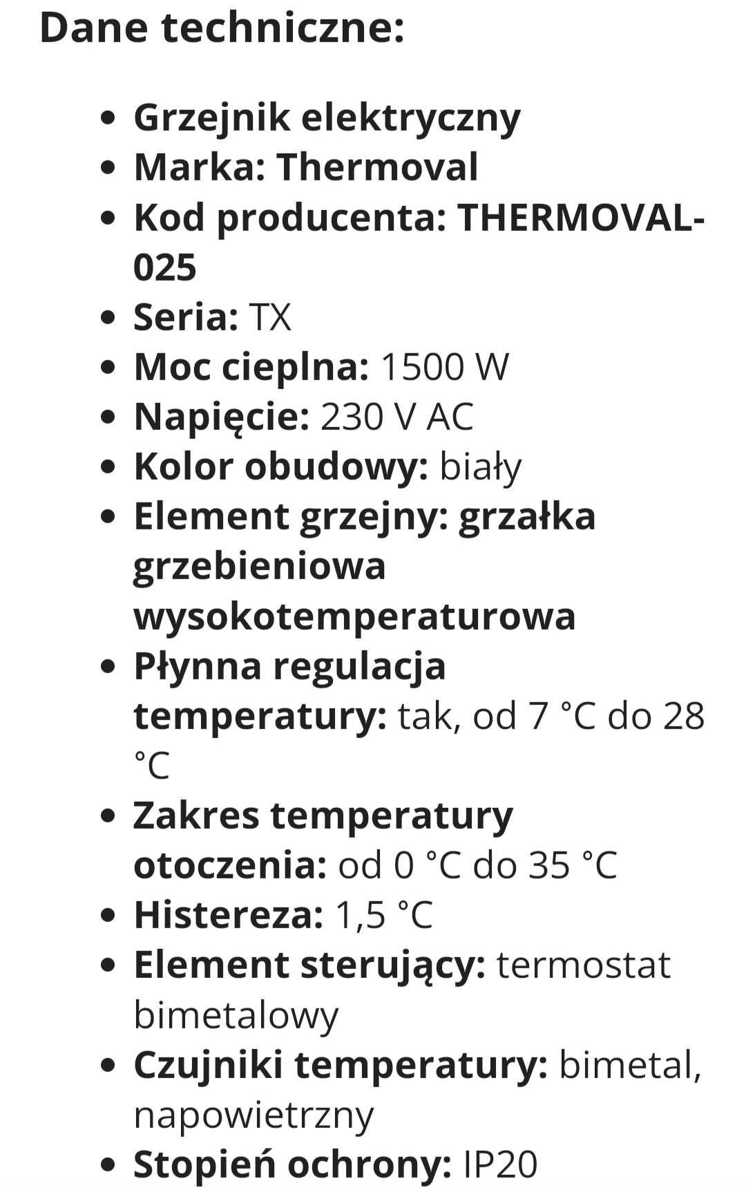 Grzejnik konwektorowy Thermoval 1500 W . JAK NOWY