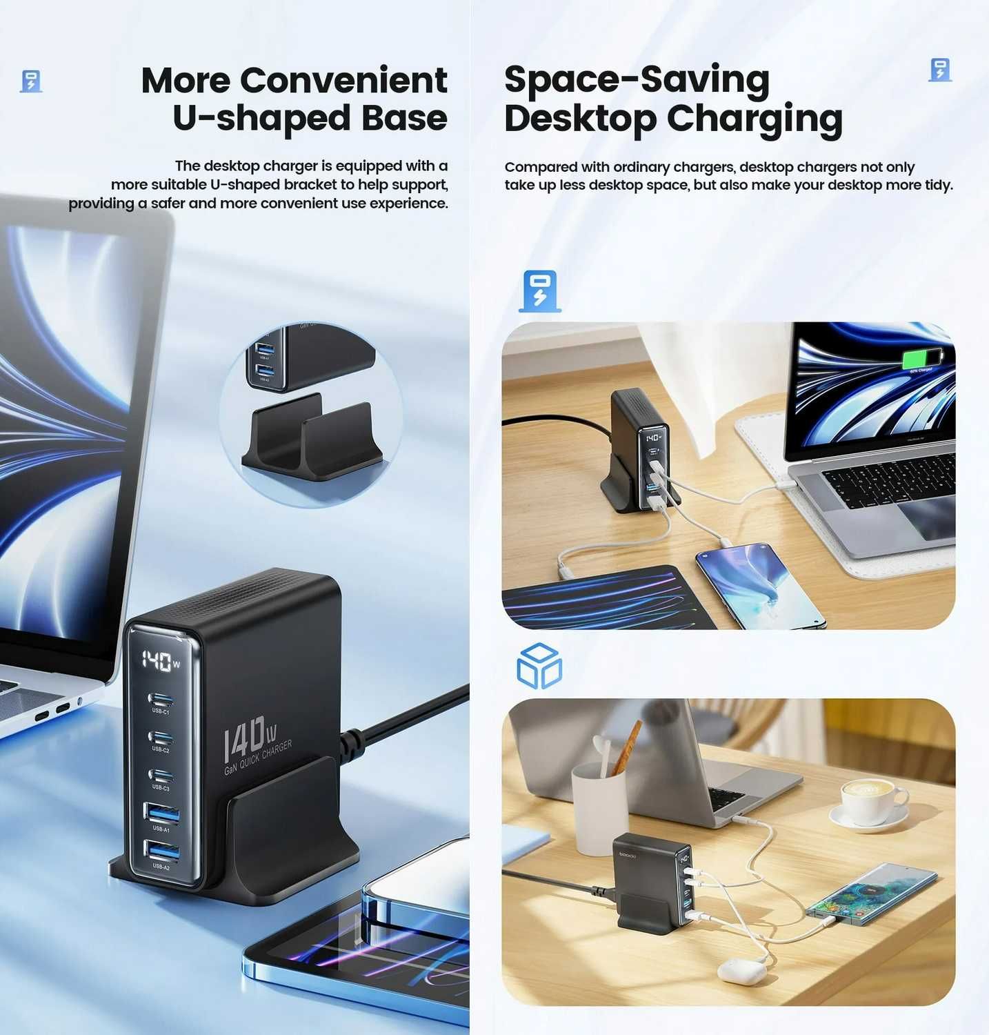 Зарядний пристрій TOOCKI 140W Desktop GaN Charger LED 3C+2A EU