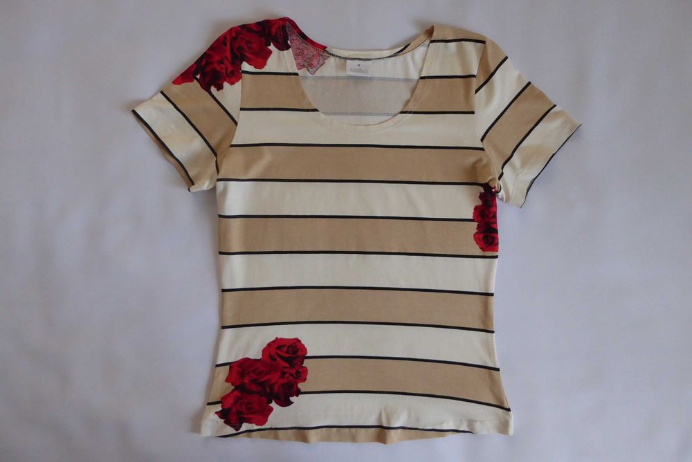 Bluzka dzianinowa taliowana piękna w paski beż ecru i róże SALKO r. 38