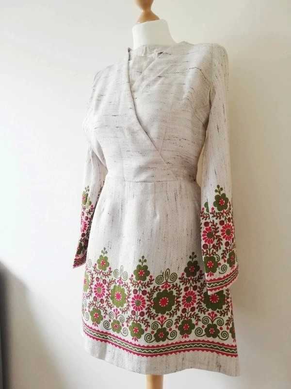 Sukienka mini len lniana boho vintage retro 70s hippie lata 70te xs s